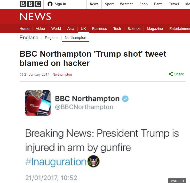 BBC报道特朗普就职典礼中弹受伤，官方道歉称账号被黑