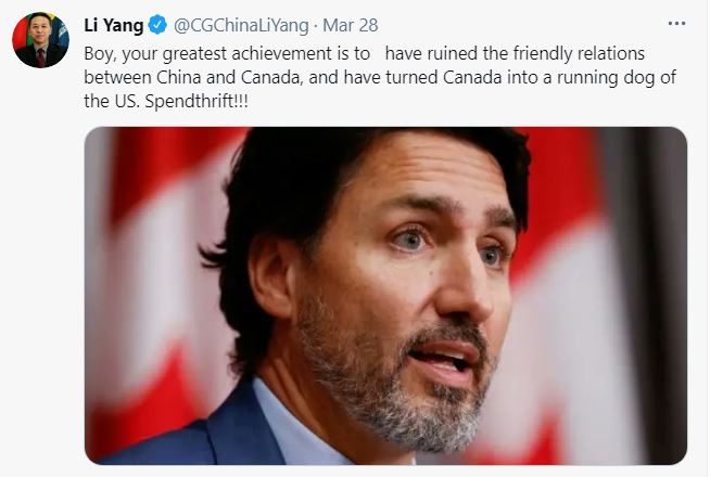 批加拿大总理特鲁多成美国走狗，外交官李杨推特言论惹议