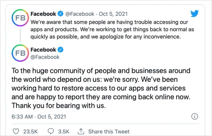 Facebook在长达数小时宕机事故中走出来服务正在逐渐恢复