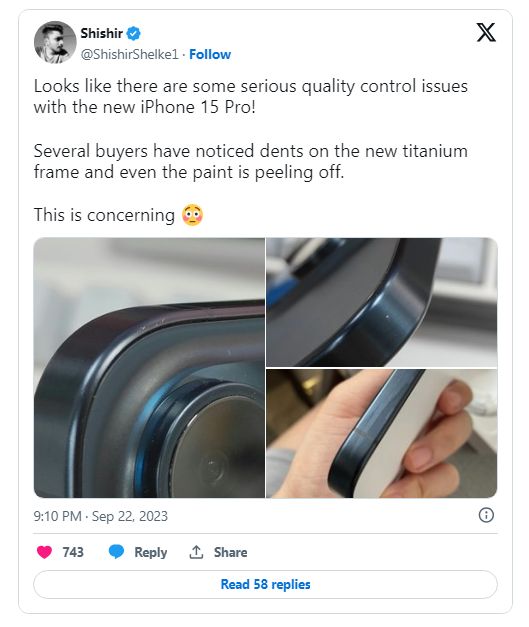 用户反馈苹果 iPhone 15 Pro 机型开箱就存在掉漆等问题